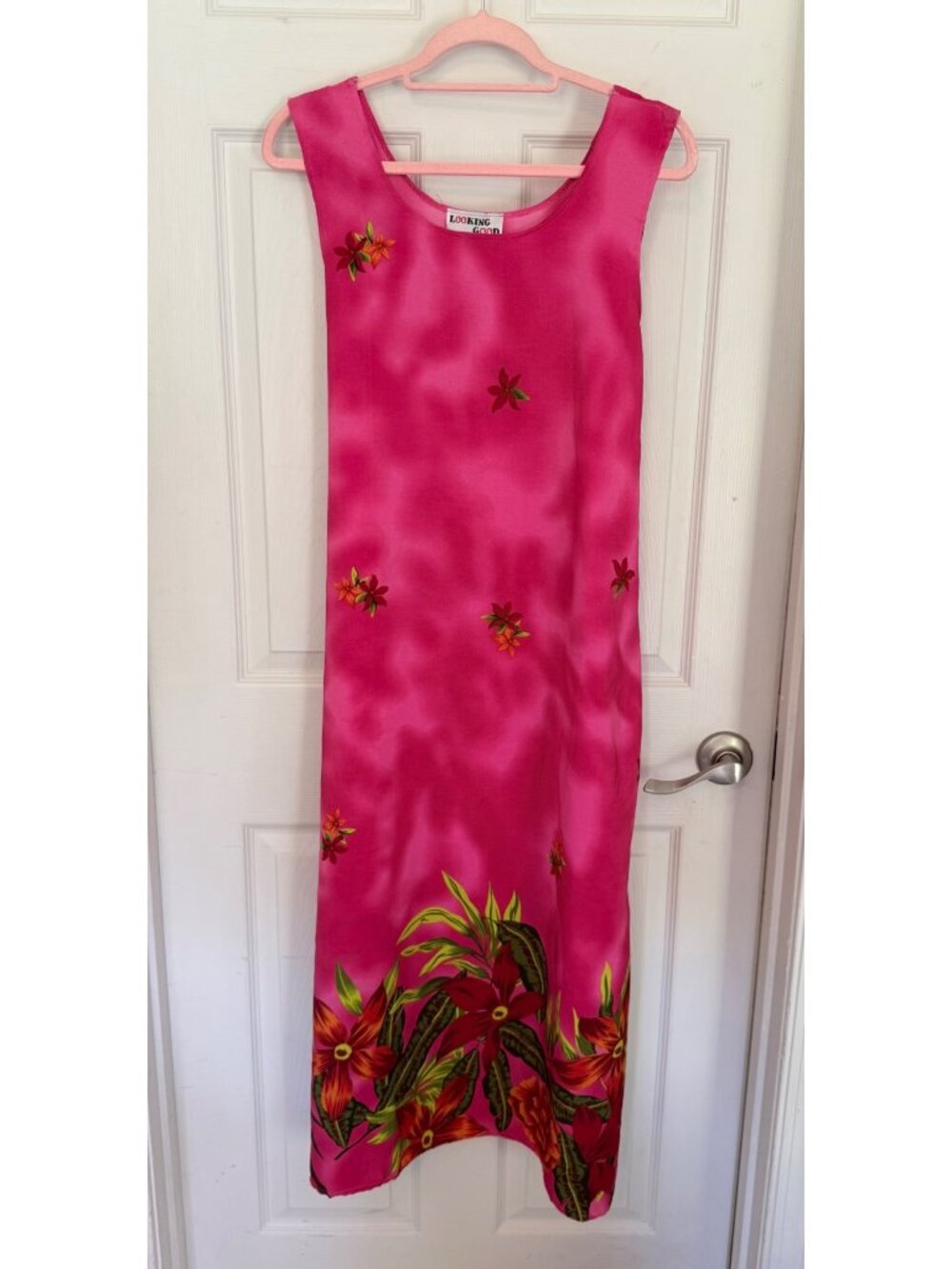 Looking Good Vintage 90's Pink Tropical Sleeveless Midi Length Dress Medium
